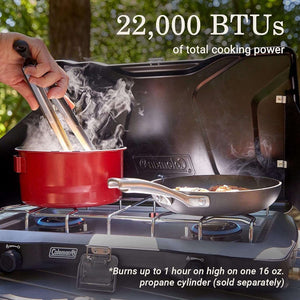 Coleman Triton+ 2-Burner Propane Camping Stove, Push-Button Instant Ignition, Portable Camp Grill, Adjustable Burners, Wind Guards, 22,000 Total BTUs of Power - Coffee Chronicles